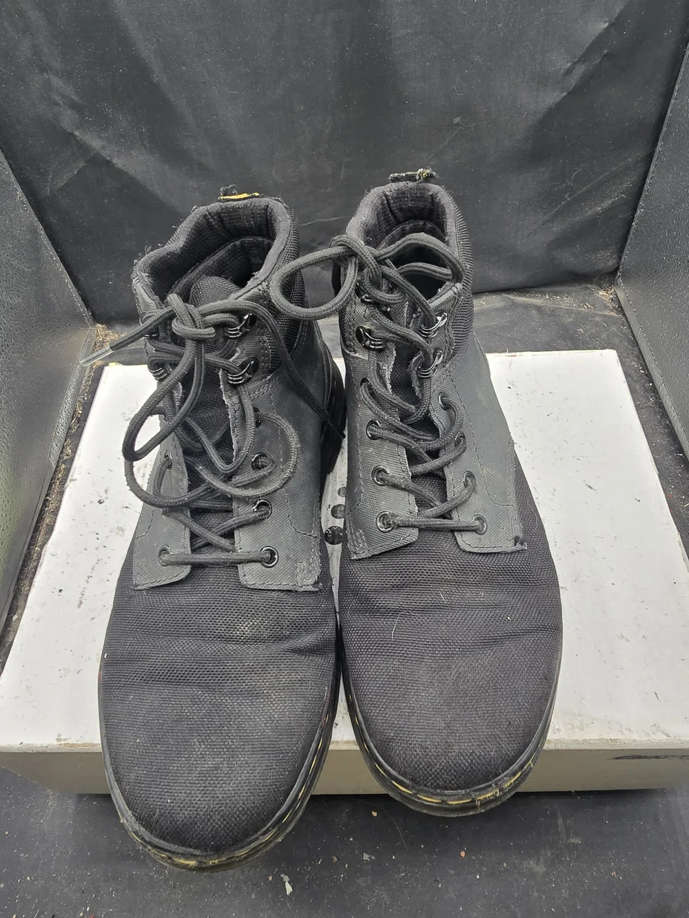 Dr. Martens Black Canvas Lace-Up Boots with Yellow Stitching